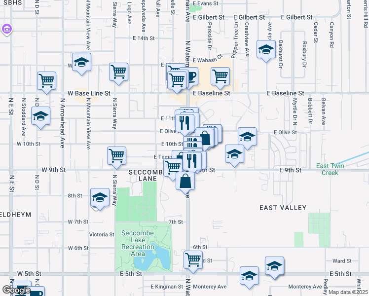 map of restaurants, bars, coffee shops, grocery stores, and more near 285 East 10th Street in San Bernardino