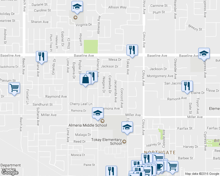 map of restaurants, bars, coffee shops, grocery stores, and more near 7527 Catawba Drive in Fontana
