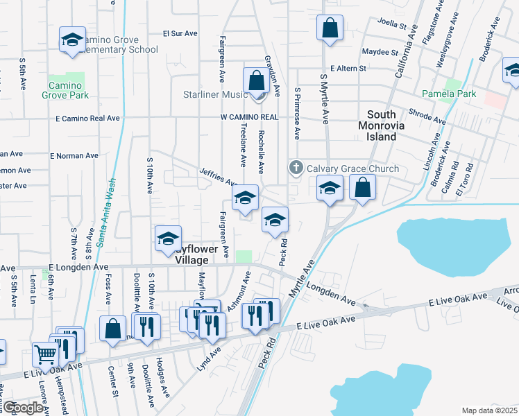 map of restaurants, bars, coffee shops, grocery stores, and more near 2609 Doray Circle in Monrovia