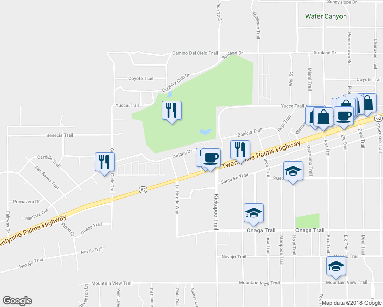 map of restaurants, bars, coffee shops, grocery stores, and more near 55215 Airlane Drive in Yucca Valley