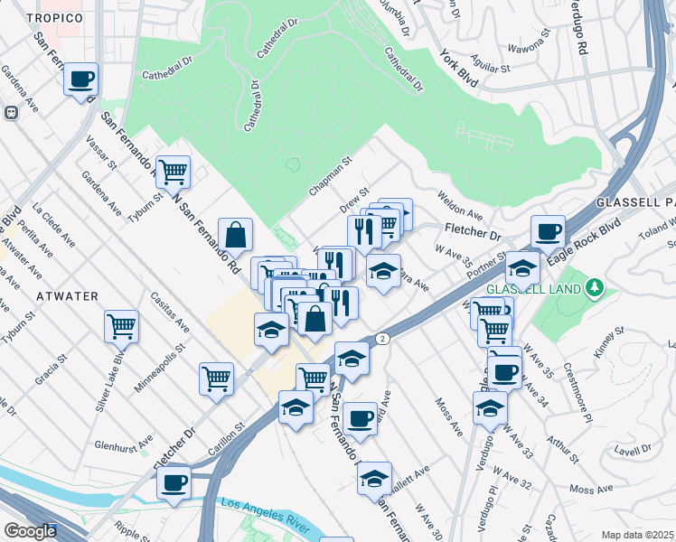 map of restaurants, bars, coffee shops, grocery stores, and more near 3127 West Avenue 32 in Los Angeles