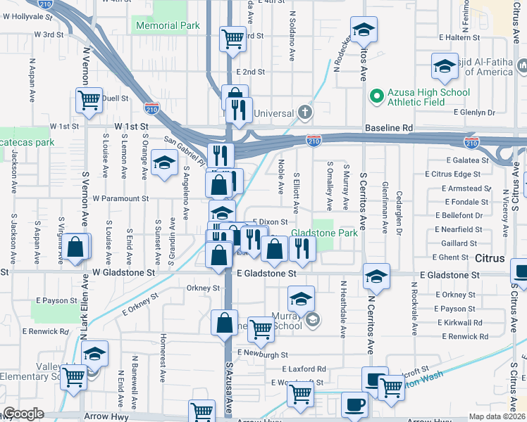 map of restaurants, bars, coffee shops, grocery stores, and more near 236 East Mason Street in Azusa