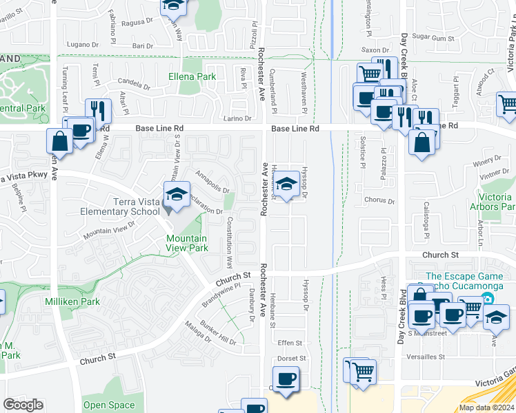 map of restaurants, bars, coffee shops, grocery stores, and more near 11882 Manhattan Court in Rancho Cucamonga