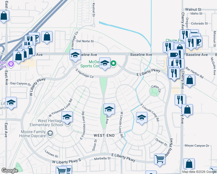map of restaurants, bars, coffee shops, grocery stores, and more near 14012 Oxford St in Fontana