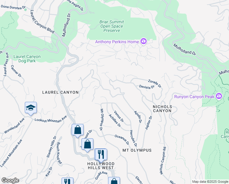 map of restaurants, bars, coffee shops, grocery stores, and more near 7733 Willow Glen Road in Los Angeles