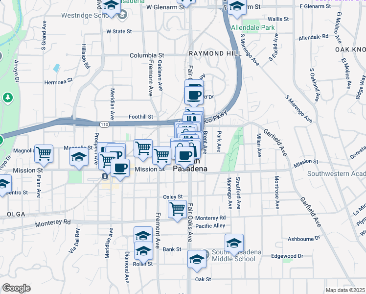 map of restaurants, bars, coffee shops, grocery stores, and more near 711 Fair Oaks Avenue in South Pasadena