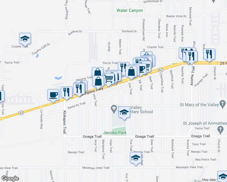 map of restaurants, bars, coffee shops, grocery stores, and more near 55626 Santa Fe Trail in Yucca Valley