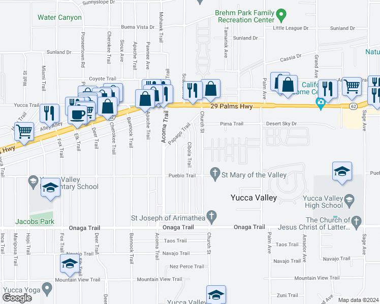 map of restaurants, bars, coffee shops, grocery stores, and more near 7435 Cibola Trail in Yucca Valley