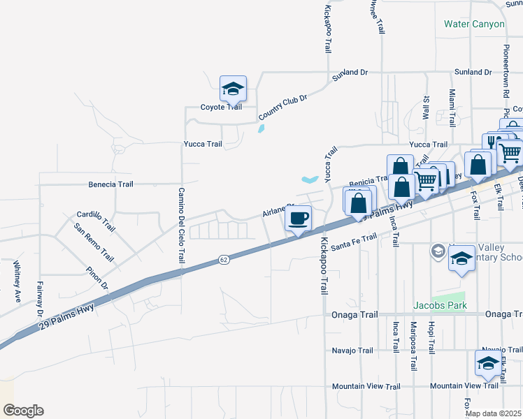 map of restaurants, bars, coffee shops, grocery stores, and more near 55142 Airlane Drive in Yucca Valley