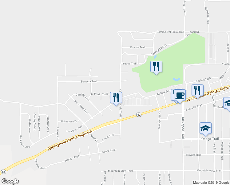 map of restaurants, bars, coffee shops, grocery stores, and more near 54836 El Prado Trail in Yucca Valley