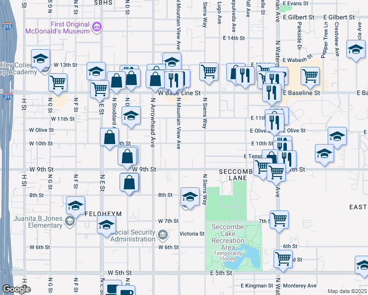 map of restaurants, bars, coffee shops, grocery stores, and more near 159 West 10th Street in San Bernardino