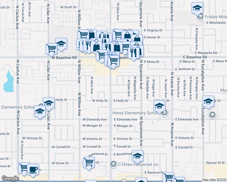 map of restaurants, bars, coffee shops, grocery stores, and more near 990 Riverside Avenue in Rialto