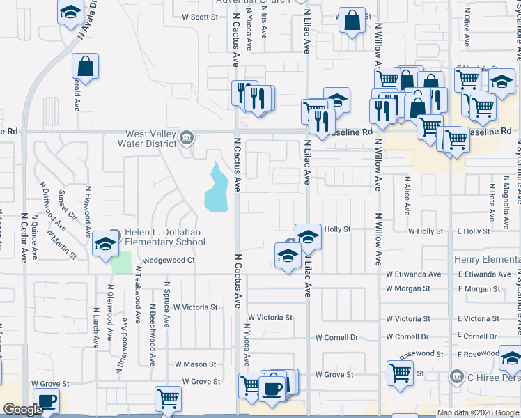 map of restaurants, bars, coffee shops, grocery stores, and more near 991 North Yucca Avenue in Rialto