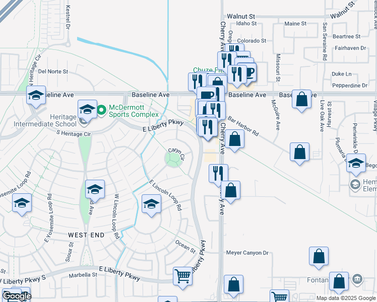 map of restaurants, bars, coffee shops, grocery stores, and more near 14336 Caryn Circle in Fontana