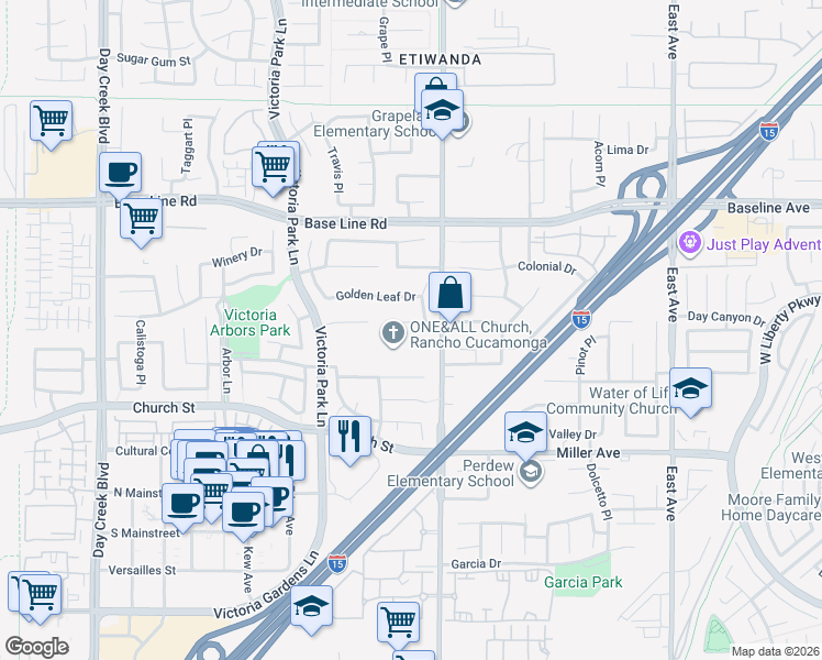 map of restaurants, bars, coffee shops, grocery stores, and more near 12845 Crestfield Court in Rancho Cucamonga