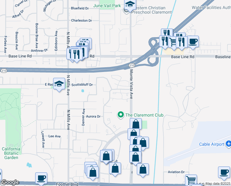 map of restaurants, bars, coffee shops, grocery stores, and more near 813 Manchester Court in Claremont