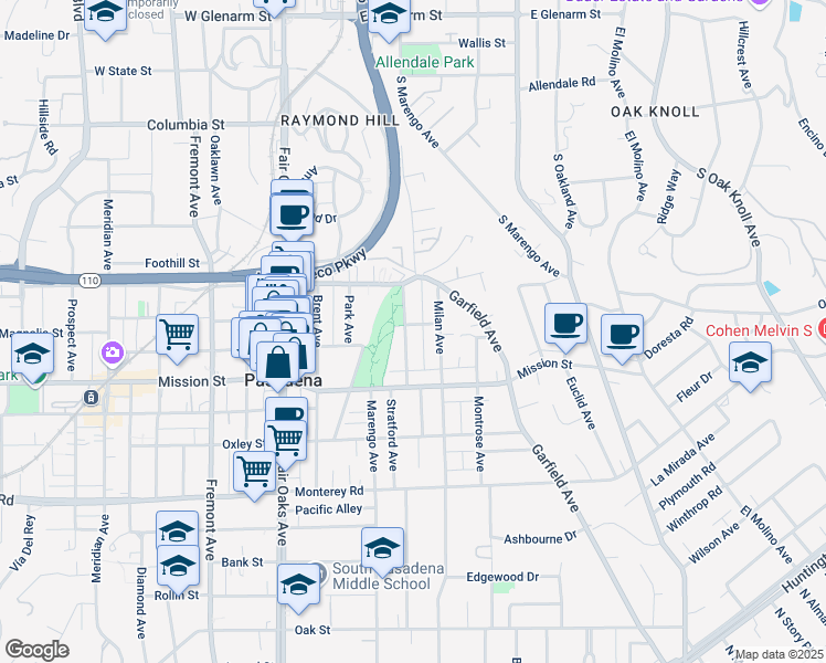 map of restaurants, bars, coffee shops, grocery stores, and more near 805 Stratford Avenue in South Pasadena