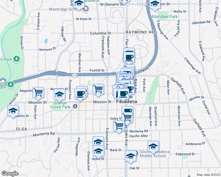 map of restaurants, bars, coffee shops, grocery stores, and more near 701 Mound Avenue in South Pasadena