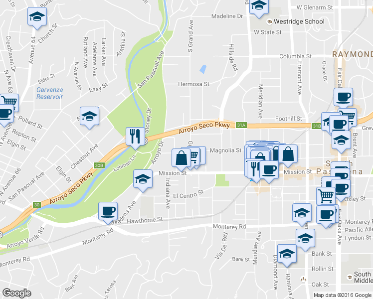 map of restaurants, bars, coffee shops, grocery stores, and more near 660 Forest Avenue in South Pasadena