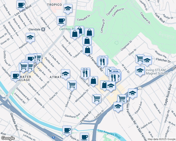 map of restaurants, bars, coffee shops, grocery stores, and more near 3334 North San Fernando Road in Los Angeles
