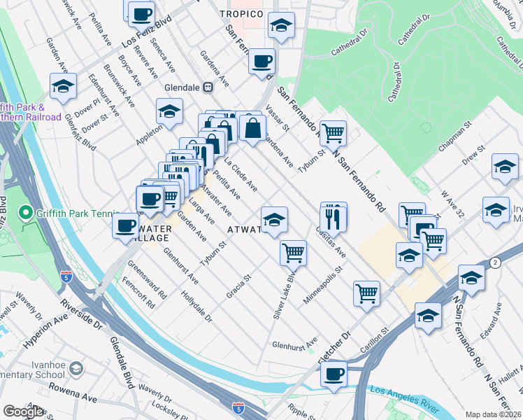 map of restaurants, bars, coffee shops, grocery stores, and more near 3370 Tyburn Street in Los Angeles