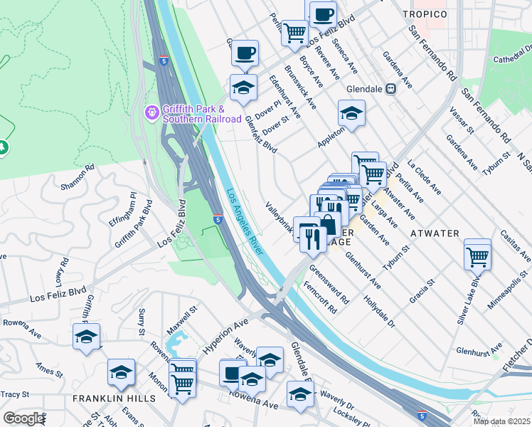 map of restaurants, bars, coffee shops, grocery stores, and more near 3733 Valleybrink Road in Los Angeles