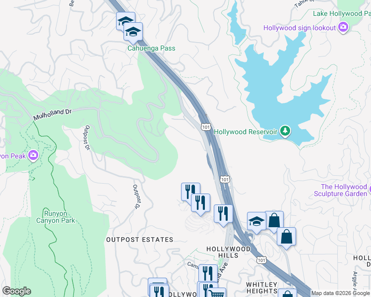 map of restaurants, bars, coffee shops, grocery stores, and more near 6702 Hillpark Drive in Los Angeles