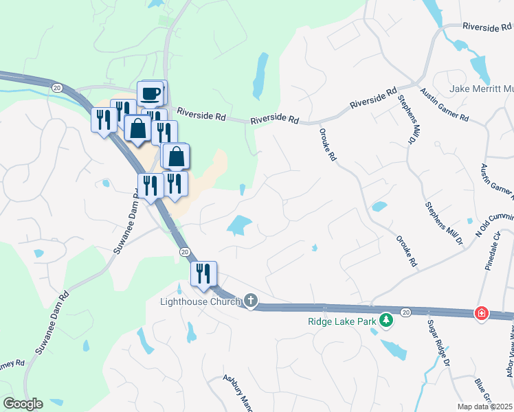 map of restaurants, bars, coffee shops, grocery stores, and more near 535 Emerald Parkway in Buford