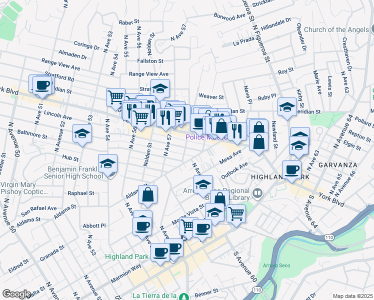 map of restaurants, bars, coffee shops, grocery stores, and more near 5800 Buchanan Street in Los Angeles