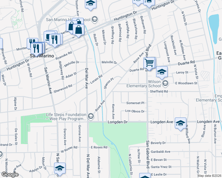 map of restaurants, bars, coffee shops, grocery stores, and more near 1875 Rose Avenue in San Marino