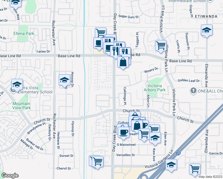 map of restaurants, bars, coffee shops, grocery stores, and more near 12271 Chorus Drive in Rancho Cucamonga