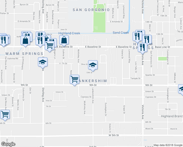 map of restaurants, bars, coffee shops, grocery stores, and more near 7480 Lankershim Avenue in Highland