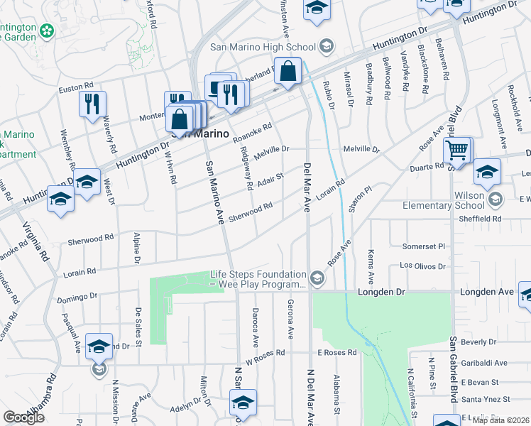 map of restaurants, bars, coffee shops, grocery stores, and more near 2350 Sherwood Road in San Marino