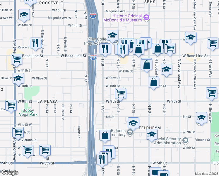 map of restaurants, bars, coffee shops, grocery stores, and more near 996 North Crescent Avenue in San Bernardino