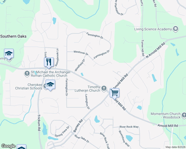 map of restaurants, bars, coffee shops, grocery stores, and more near 551 Arnold Mill Road in Woodstock