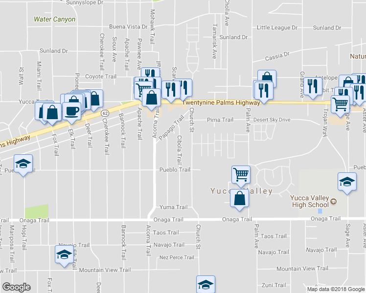 map of restaurants, bars, coffee shops, grocery stores, and more near 7435 Cibola Trail in Yucca Valley