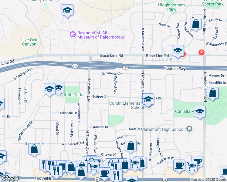 map of restaurants, bars, coffee shops, grocery stores, and more near 1042 Lake Forest Drive in Claremont