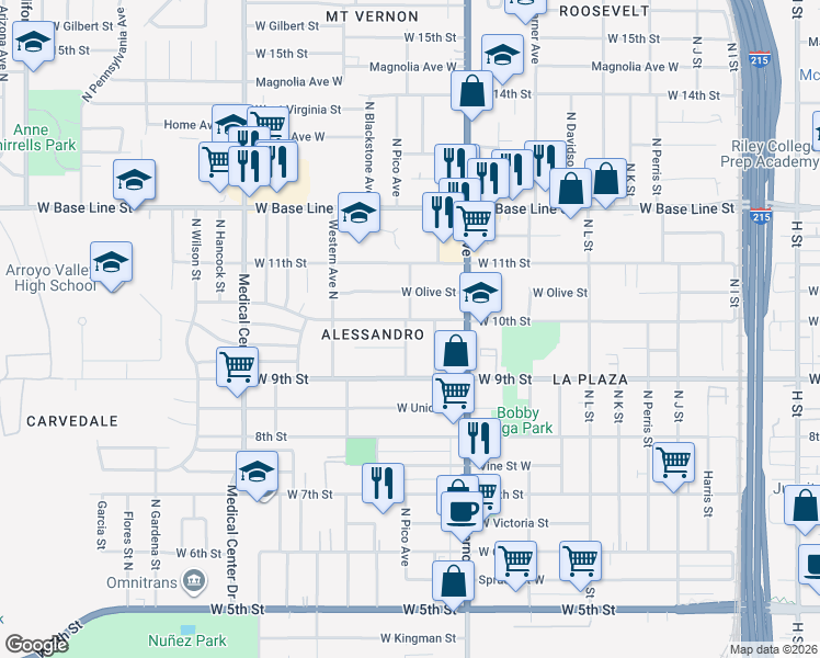map of restaurants, bars, coffee shops, grocery stores, and more near 1407 West 10th Street in San Bernardino