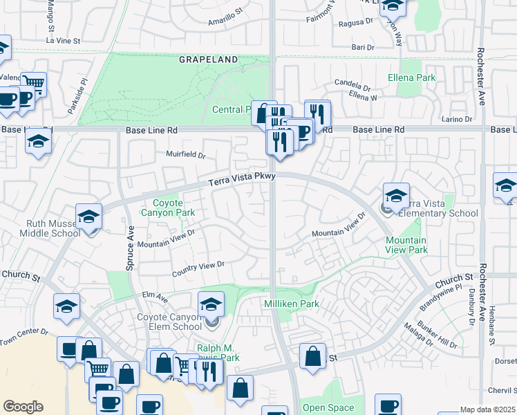 map of restaurants, bars, coffee shops, grocery stores, and more near 11253 Terra Vista Parkway in Rancho Cucamonga