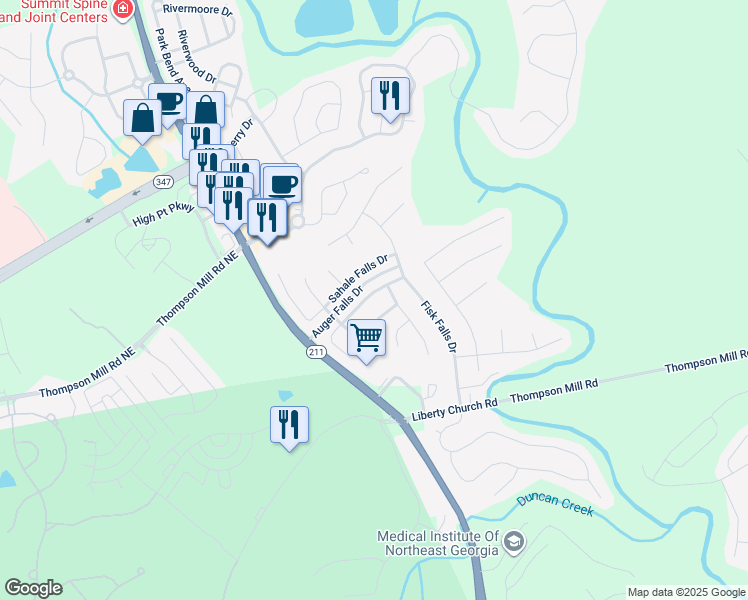 map of restaurants, bars, coffee shops, grocery stores, and more near 1410 Kilchis Falls Way in Braselton