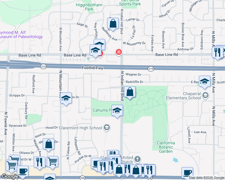 map of restaurants, bars, coffee shops, grocery stores, and more near 468 Bowling Green Drive in Claremont