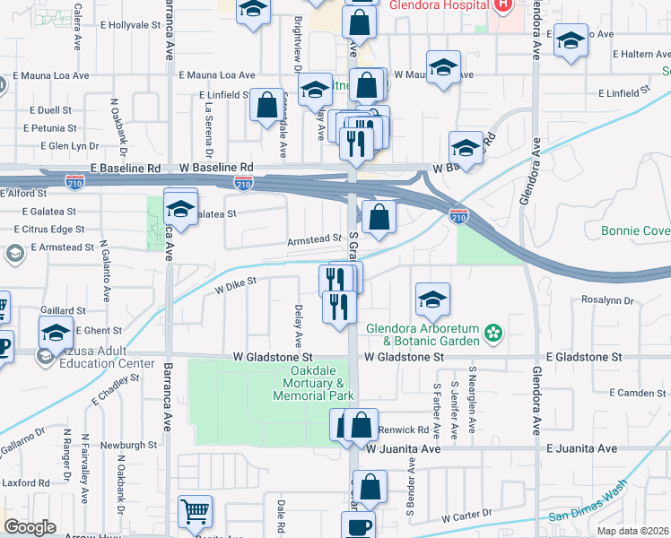map of restaurants, bars, coffee shops, grocery stores, and more near 605 West Gaillard Street in Glendora