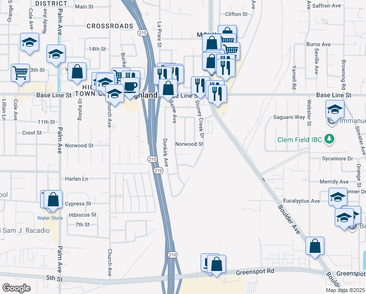 map of restaurants, bars, coffee shops, grocery stores, and more near 27781 Norwood Street in Highland