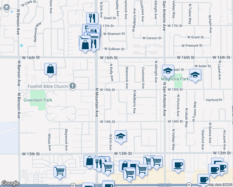 map of restaurants, bars, coffee shops, grocery stores, and more near 1491 North O'malley Way in Upland