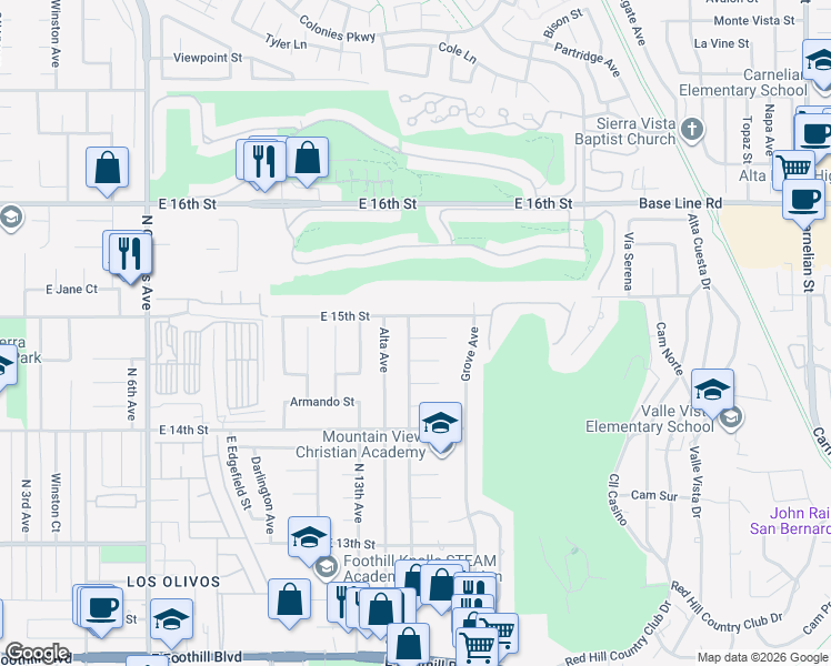 map of restaurants, bars, coffee shops, grocery stores, and more near 1405 Juanita Court in Upland