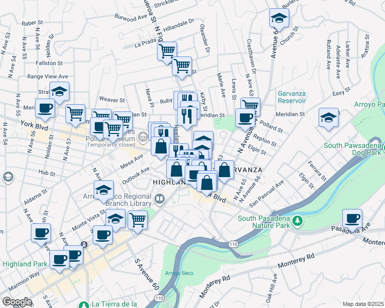 map of restaurants, bars, coffee shops, grocery stores, and more near 6371 North Figueroa Street in Los Angeles