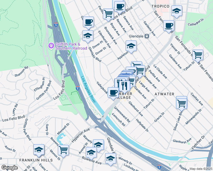 map of restaurants, bars, coffee shops, grocery stores, and more near 3024 Sunnynook Drive in Los Angeles