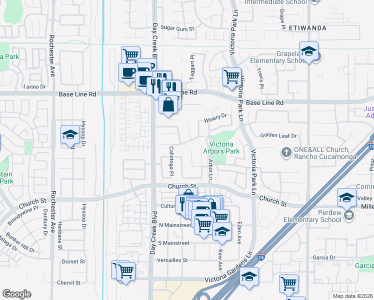 map of restaurants, bars, coffee shops, grocery stores, and more near 7494 Oakford Court in Rancho Cucamonga
