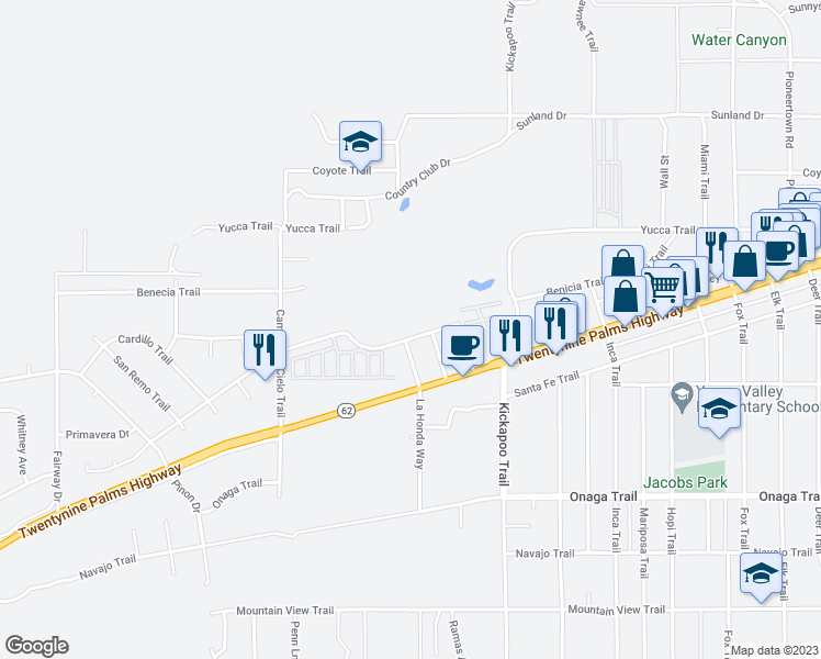 map of restaurants, bars, coffee shops, grocery stores, and more near 55140 Airlane Drive in Yucca Valley