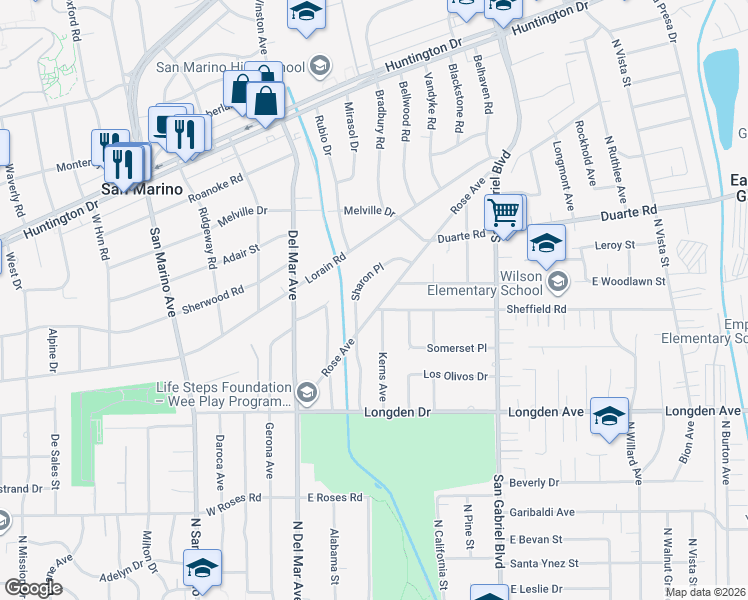 map of restaurants, bars, coffee shops, grocery stores, and more near 1875 Rose Avenue in San Marino